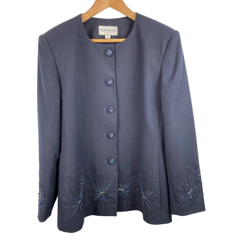 John Meyer Norwich Womens Size 12 Blue Vintage Lined Beaded Shoulder Pads Blazer